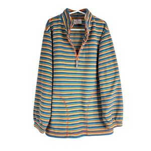 Hanna Andersson 1/4 Zip Fleece Pullover Boys 8 / 130 Orange Blue Stripe Pockets